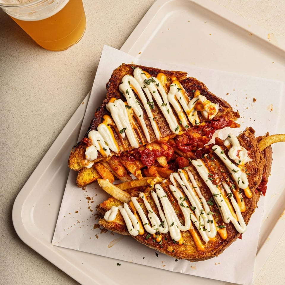 A grilled cheese sandwich with fries, red sauce, white sauce, and parsley, next to a beer.